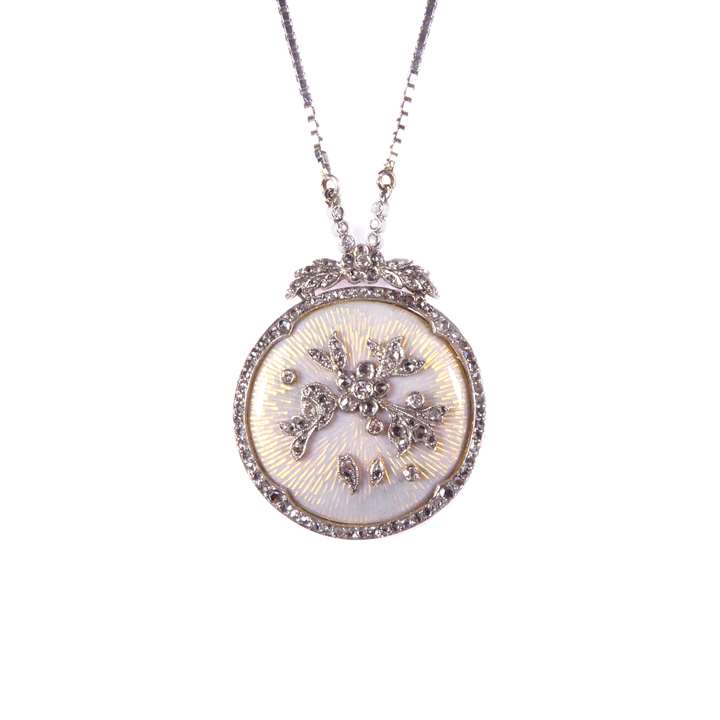 Early 20th century guilloche enamel and diamond circular pendant
